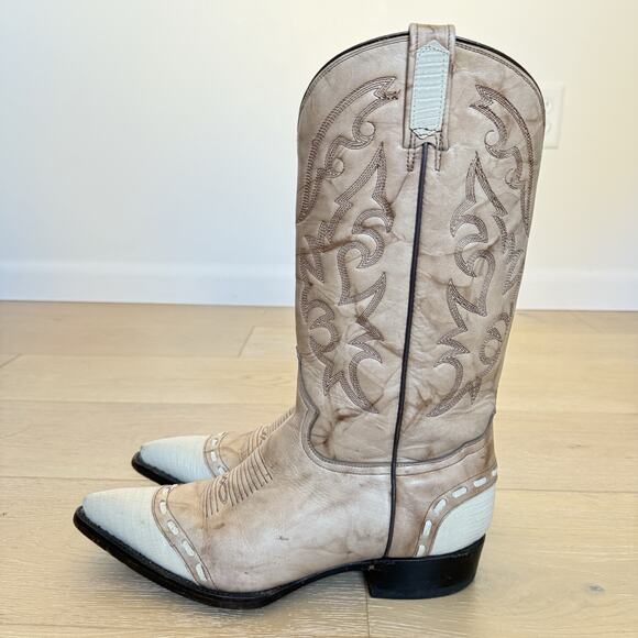 VTG Rudel Cowboy Boots Men's 8.5 EE 2 Tone Cream Pointed Toe Western - Picture 2 of 8